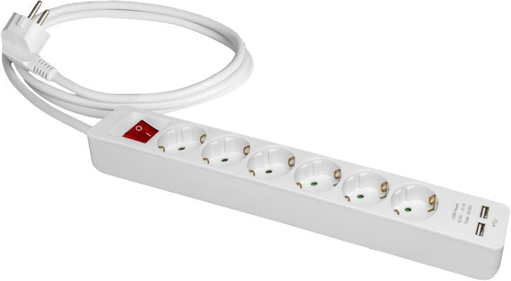 BASE MÚLTIPLE 6 TOMAS + 2 USB CON CABLE E INTERRUPTOR SOLERA | Suministros Figmar