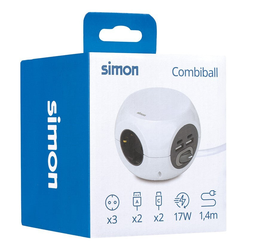 BASE CÚBICA 3 TOMAS + 4 USB CON CABLE 1,4m E INTERRUPTOR SIMON COMBIBALL | Suministros Figmar