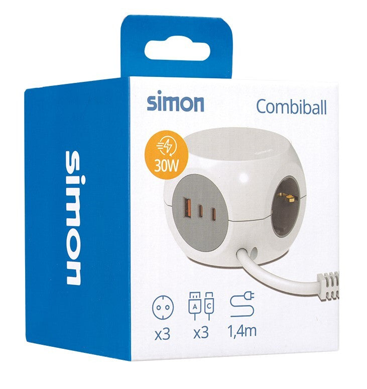 BM516307 BASE CUBICA 3T + 3 USB (A-C) CARGA RAPIDA C/CABLE 1,4m COMBIBALL SIMON