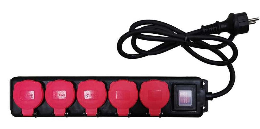 BASE MÚLTIPLE 5 TOMAS CON TAPAS CABLE 1,5m E INTERRUPTOR NEGRA IP54 SIMON | Suministros Figmar