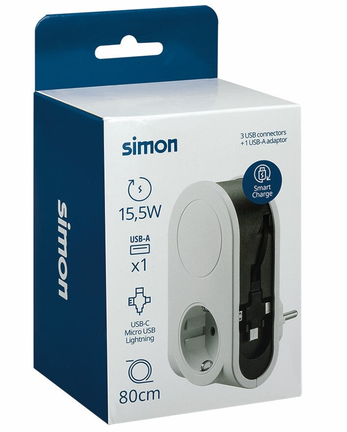 CL610305 ADAPTADOR SIMPLE CON CABLE 3 CLAVIJAS + 1 PUERTO USB 16A 250V SIMON