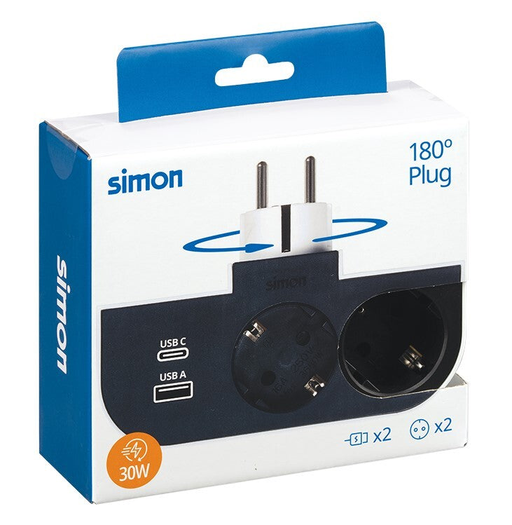 CL610311 ADAPTADOR GIRATORIO 2 TOMAS + USB A + USB C 30W PLUG SIMON | Suministros Figmar