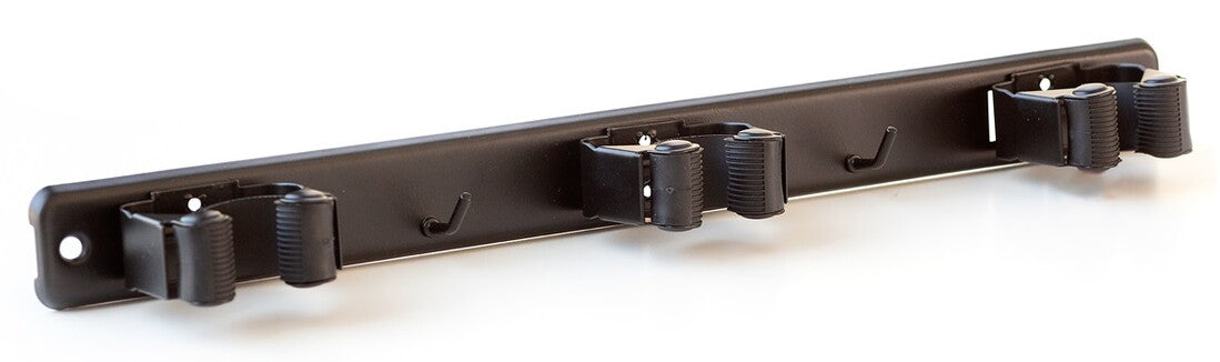 E1008N BROOM HANGER TRIPLE CLAMP BLACK ADHESIVE OR SCREW KOPPELS