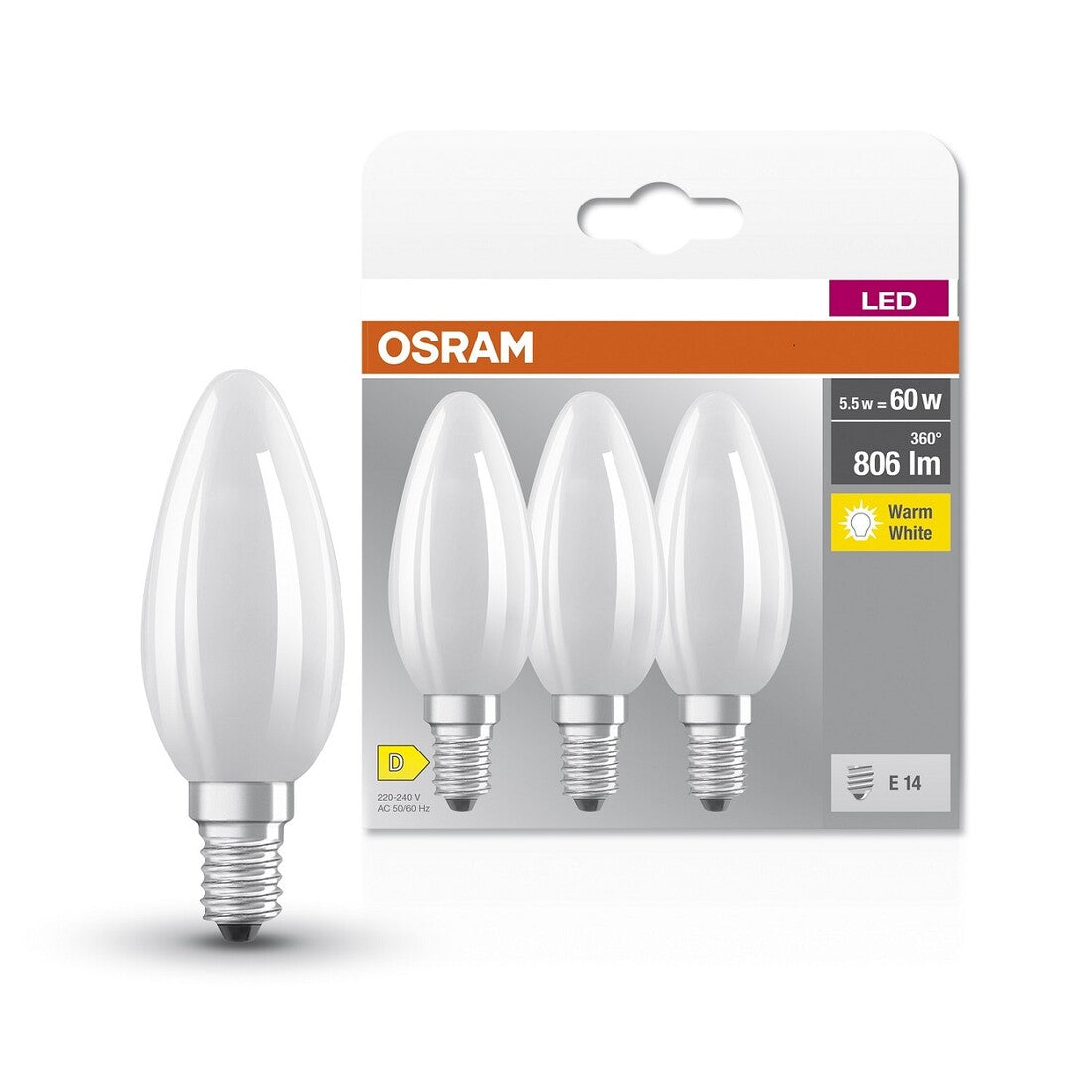 592551 3u MATT LED FIL CANDLE LAMP E14 5.5W 2700K OSRAM BASE