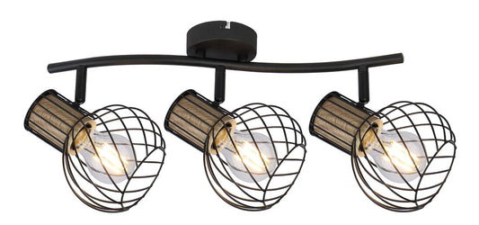 54012-3ds  REGLETA METAL NEGRO Y COLOR MADERA  3XE27 40W LUISE GLOBO
