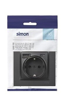 F1011432038 BASE SCHUKO CON USB A+C 10,5W NEGRA SERIE 10 SIMON