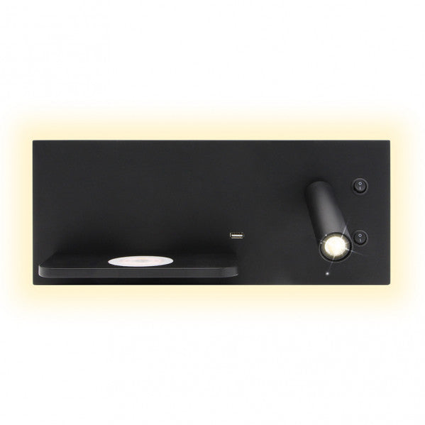 Aplique 2+8w 4000k Velazquez Dcho Negro Usb+qi 130lm Doble Encendido 14x35x14 Cm