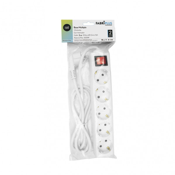 Base Multiple 5 Enchufes E Interruptor Cable 3m 3gx1,5mm De Cobre 3500w Max