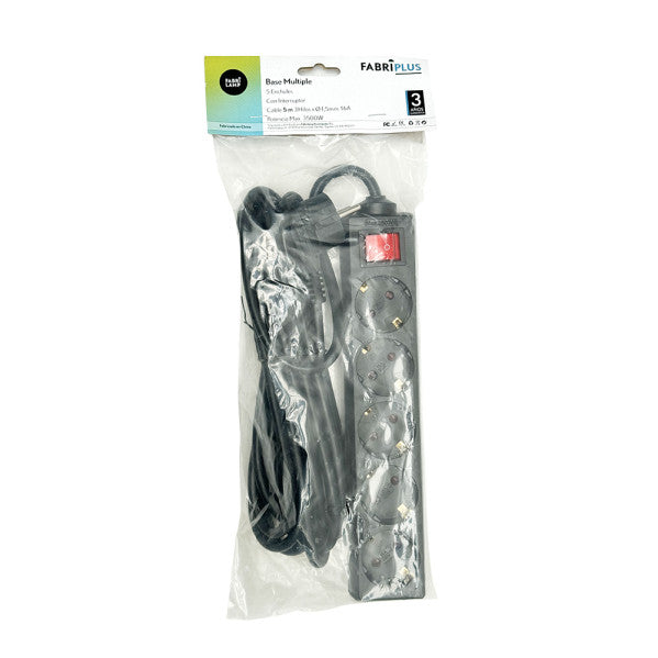 Base Multiple Negro 5 Enchuf. E Interrup.cable 5m 3gx1,5mm De Cobre 3500w Max