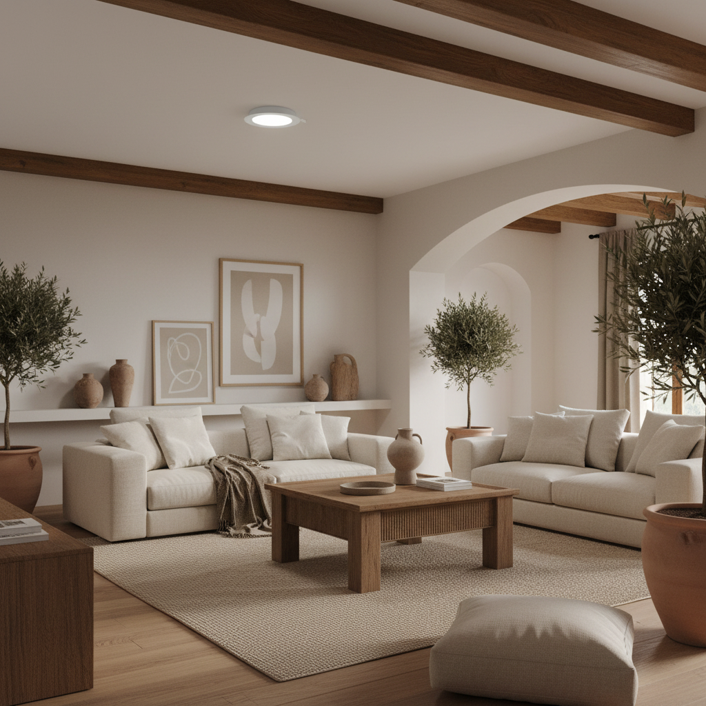 Downlight LED instalado en un salón acogedor