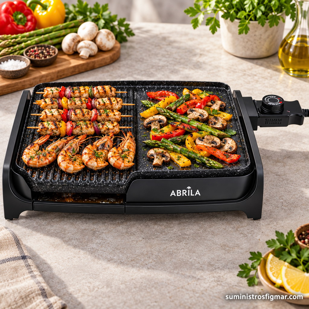 Detalle de la plancha Takao con brochetas de pollo, gambas, pimientos, espárragos y champiñones a la parrilla, imagen de Suministros Figmar