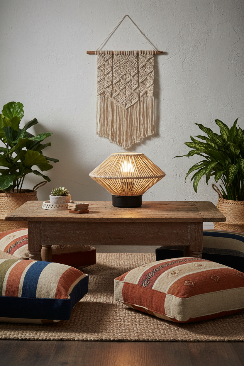 Lámpara sobremesa cordón seda arena tejida Laos Jueric encendida en salón boho mediterráneo