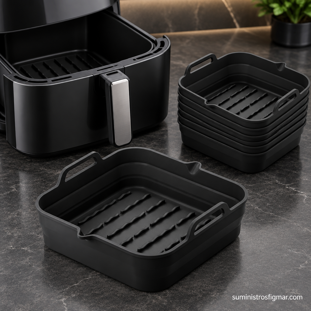 Detalle de la bandeja cuadrada de silicona Manacor de 8,5 por 27 por 24 cm y su pack de 6 unidades, imagen de Suministros Figmar