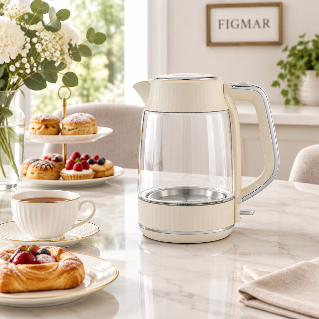 Escena ilustrativa de hervidor beige de cristal en sobremesa con FIGMAR al fondo