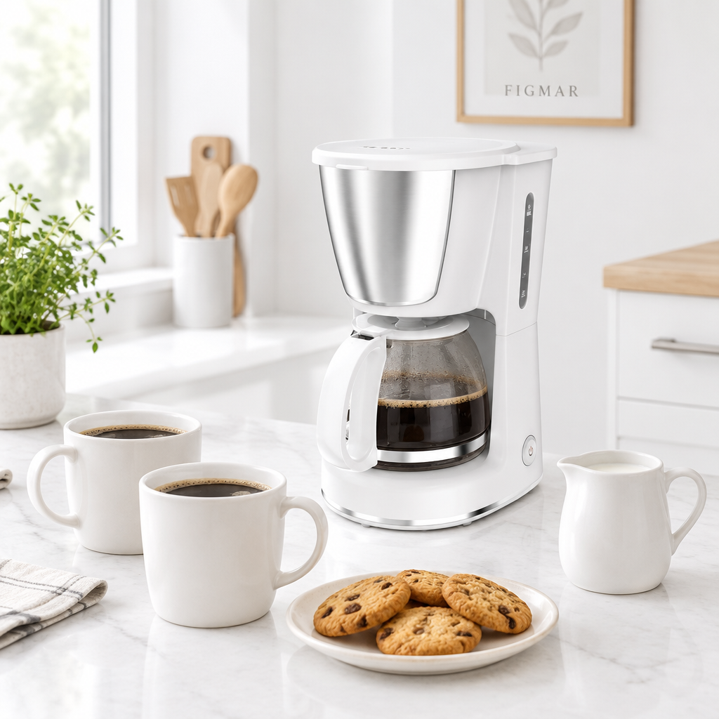 Cafetera de goteo Wanda blanca en una cocina nórdica con dos tazas de café y galletas