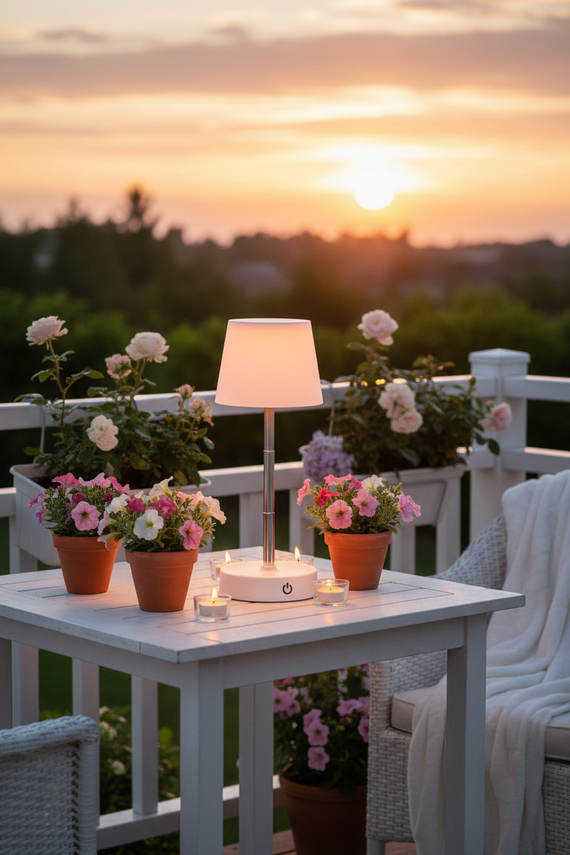 Lámpara sobremesa LED telescópica recargable blanca Carlos Globo Lighting en terraza romántica al atardecer