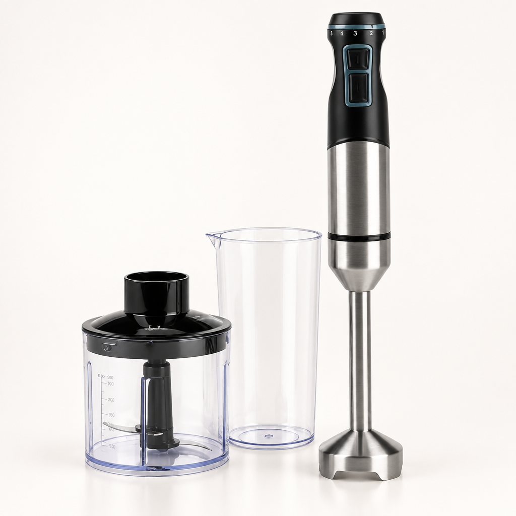 Batidora de mano JATA inoxidable de 1500 W con accesorios sobre una superficie clara