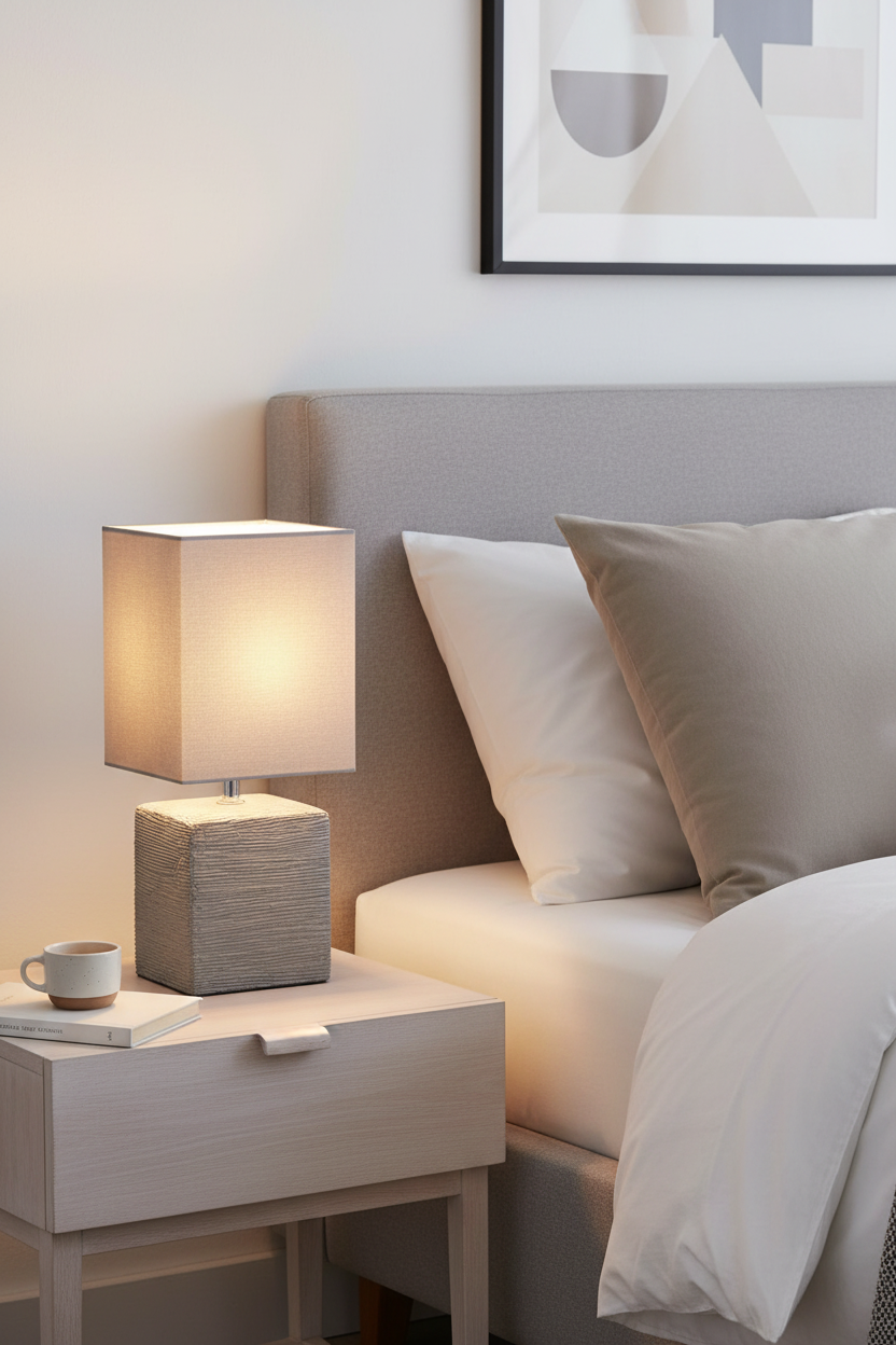 Lámpara sobremesa cerámica gris Ping Trio Lighting en ambiente minimalista escandinavo