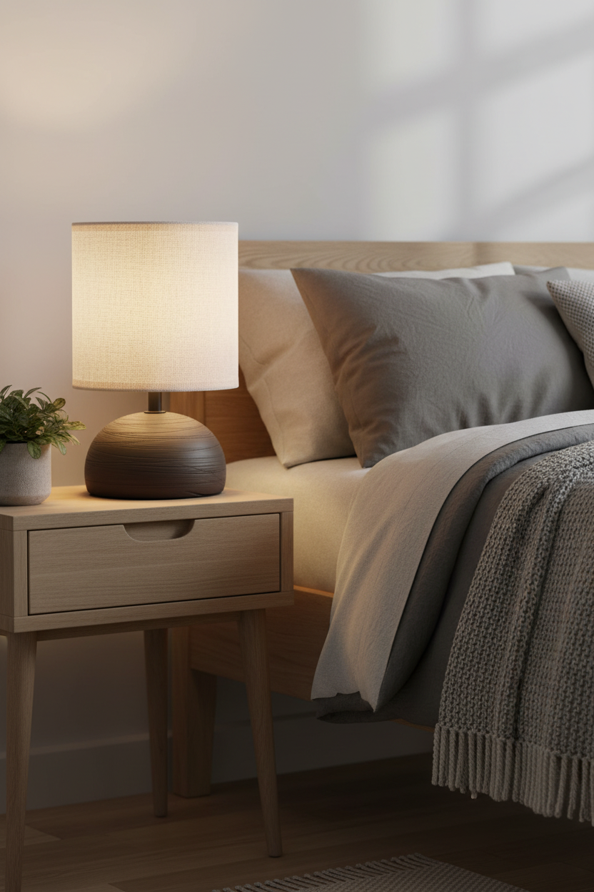 Lámpara sobremesa cerámica marrón E14 Luci Trio Lighting encendida en dormitorio nórdico