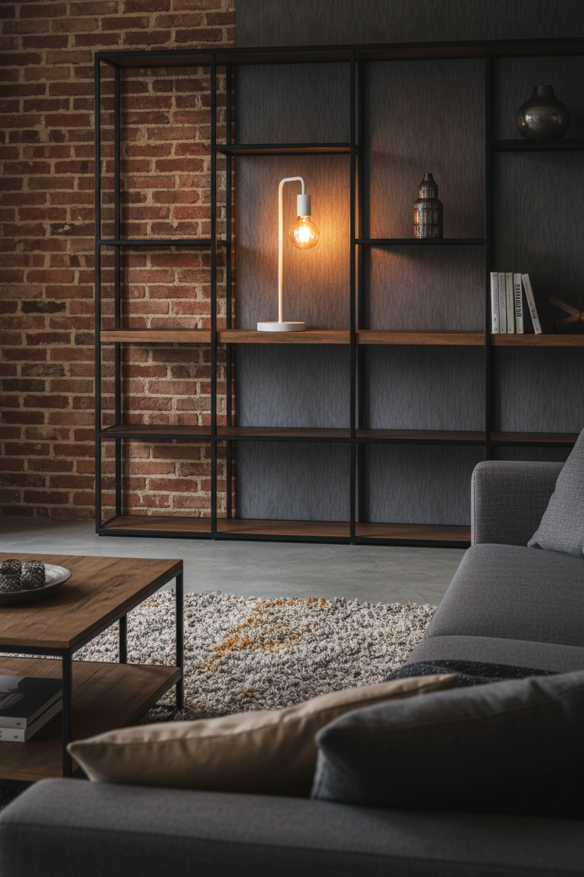 Lámpara sobremesa industrial blanca E27 Diallo Trio Lighting con bombilla filamento en salón moderno