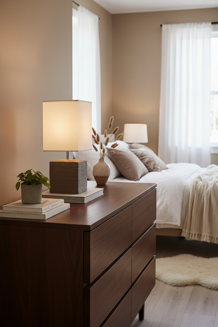 Lámpara sobremesa cerámica cúbica marrón efecto madera E14 Geri Globo Lighting en dormitorio nórdico