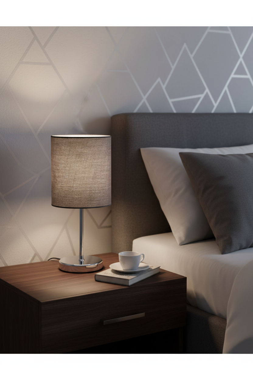 Lámpara sobremesa metal cromado tela gris E14 Jerry Trio Lighting en dormitorio contemporáneo