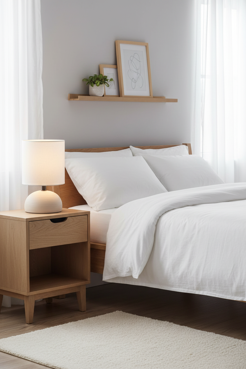Lámpara sobremesa cerámica beige E14 Luci Trio Lighting encendida en dormitorio escandinavo