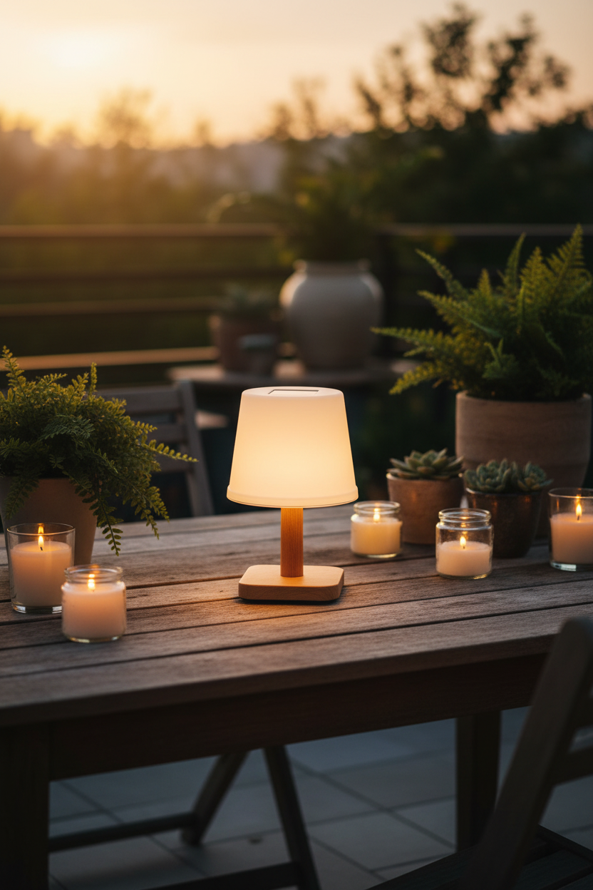 Lámpara solar LED exterior base madera pantalla blanca Galix en terraza al atardecer