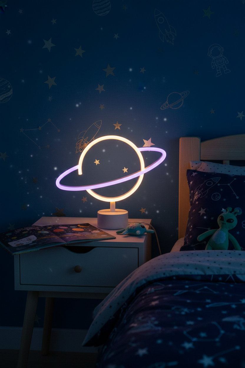 Lámpara sobremesa LED Saturno infantil morado dorado Planet Trio Lighting en habitación espacial