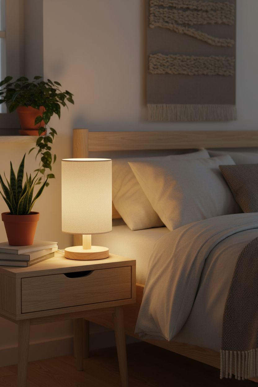 Lámpara sobremesa madera pino tela beige E14 Bela Strühm en dormitorio escandinavo acogedor