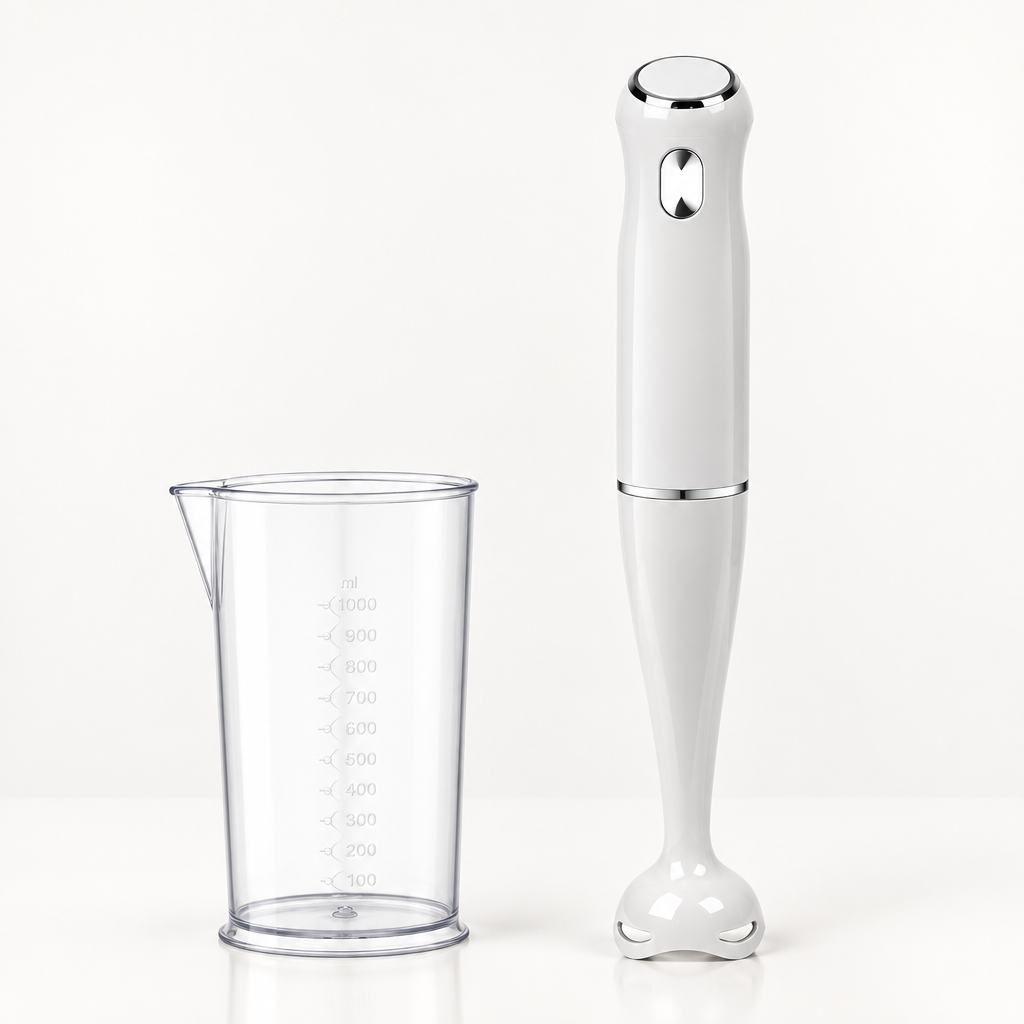 Batidora de mano Tigris blanca de 1000 W con vaso mezclador sobre una superficie clara