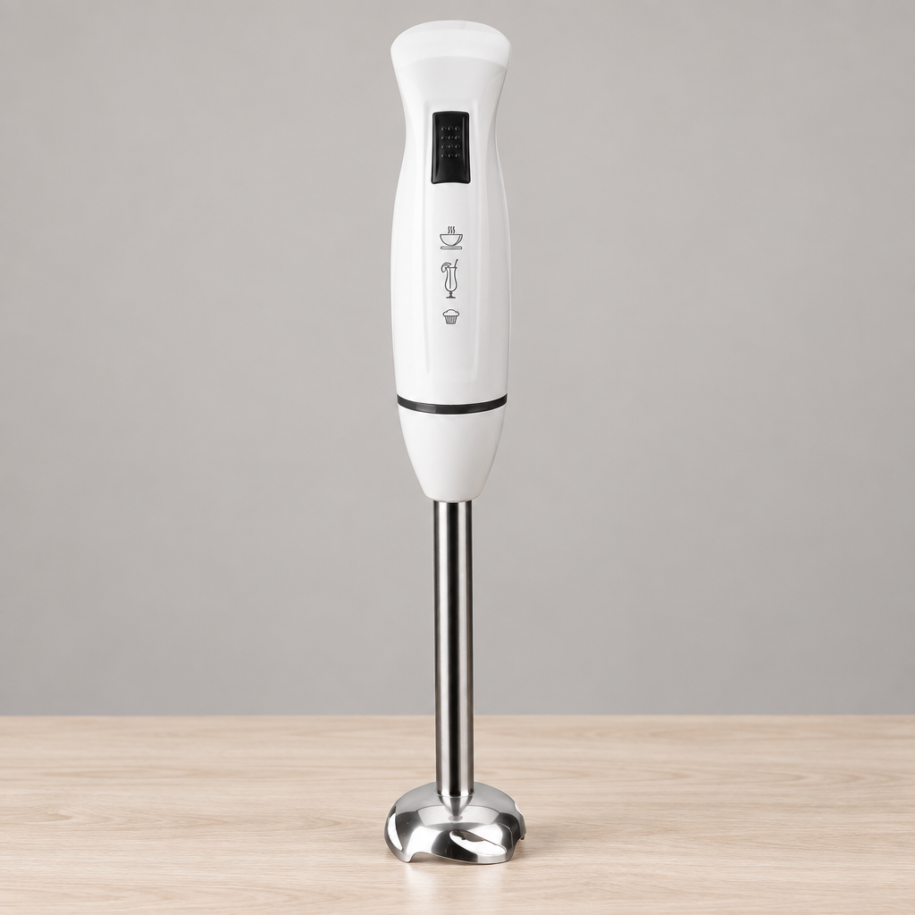 Batidora de mano JATA BT126 de 400 W con brazo desmontable sobre un fondo gris cálido y limpio