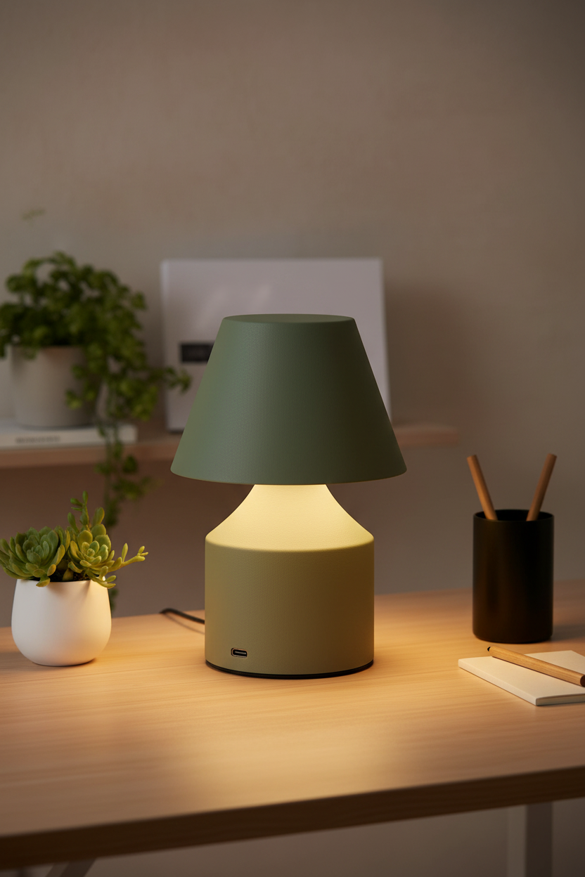 Lámpara sobremesa LED recargable verde salvia F-Bright en ambiente moderno minimalista