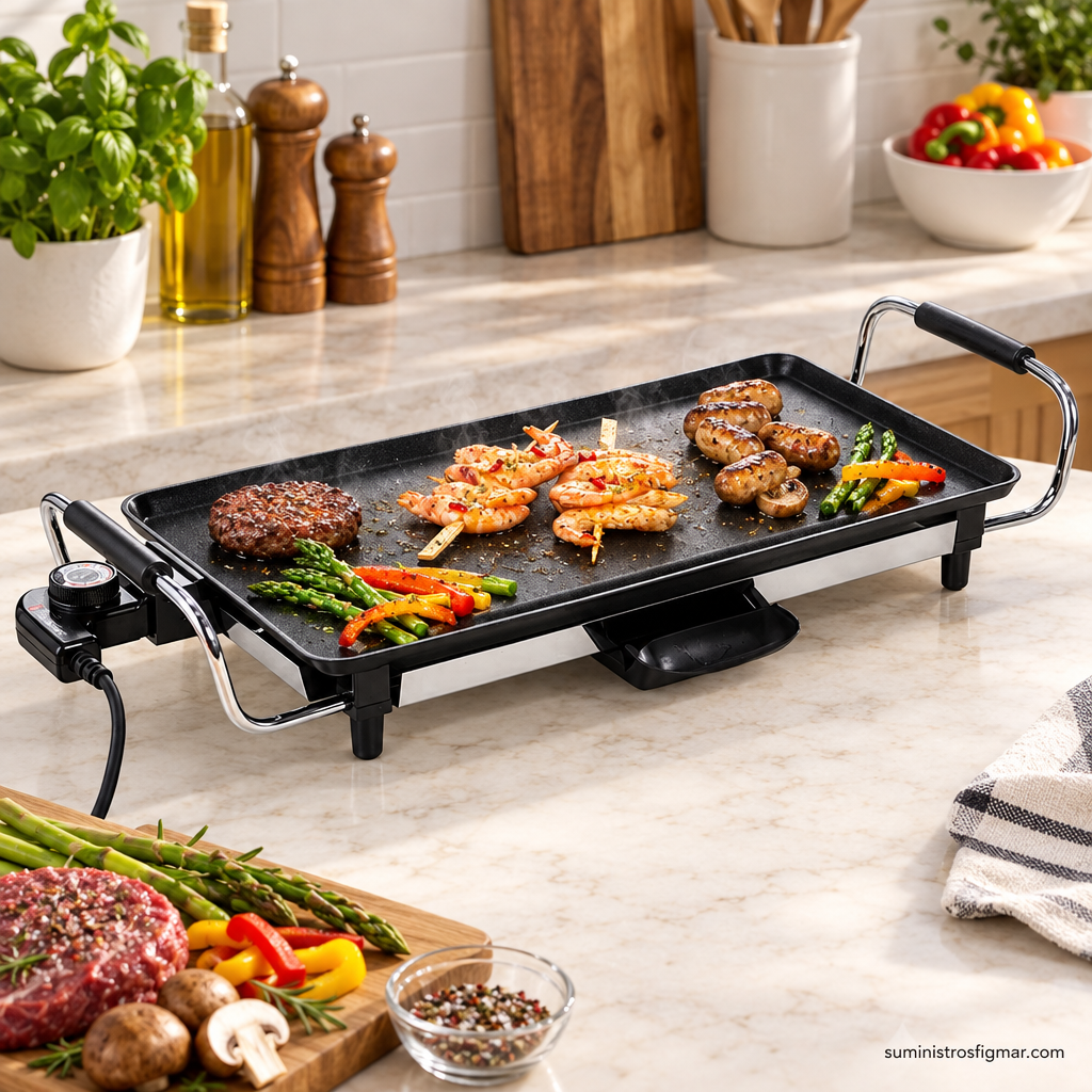 Plancha GSC Steke de 2000 W con carne, gambas, espárragos y pimientos, imagen de Suministros Figmar