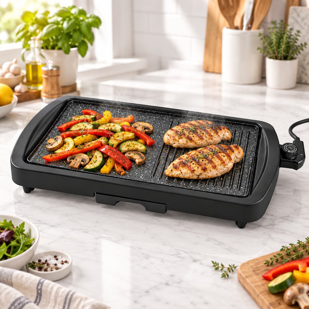 Plancha Nagoya negra de 1800 W cocinando pollo a la parrilla, pimientos, calabacín y champiñones, imagen de Suministros Figmar