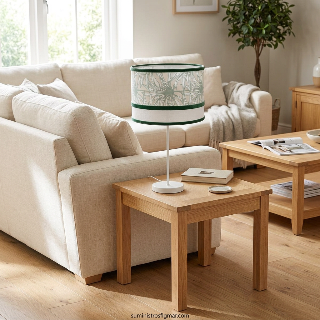 Recreación de lámpara de sobremesa Caledonia blanca y verde de 61 cm sobre mesa auxiliar junto al sofá