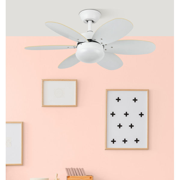 Ventilador Dc Alves 2xe27 Blanco Con 6 Aspas Rev. Blanco/haya 41x85d C/ Remoto Y Temporizador
