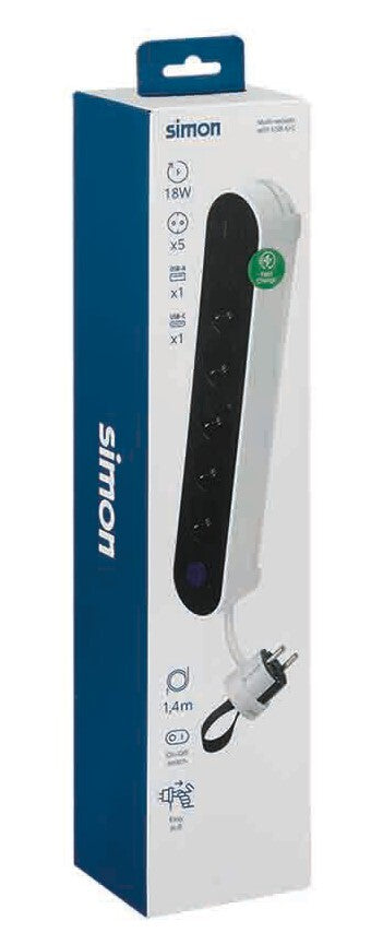 BM716501 STECKDOSENLEISTE 5FACH + 2 USB C/KABEL 1,4m MIT FUSSSCHALTER + KABELAUFWICKLUNG SIMON BRICO