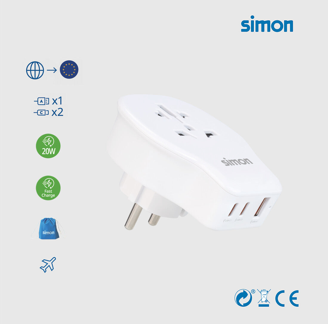 CL410103 ADAPTADOR UNIVERSAL DE VIAJE PARA EUROPA USB A+2 USB C 20W SIMON