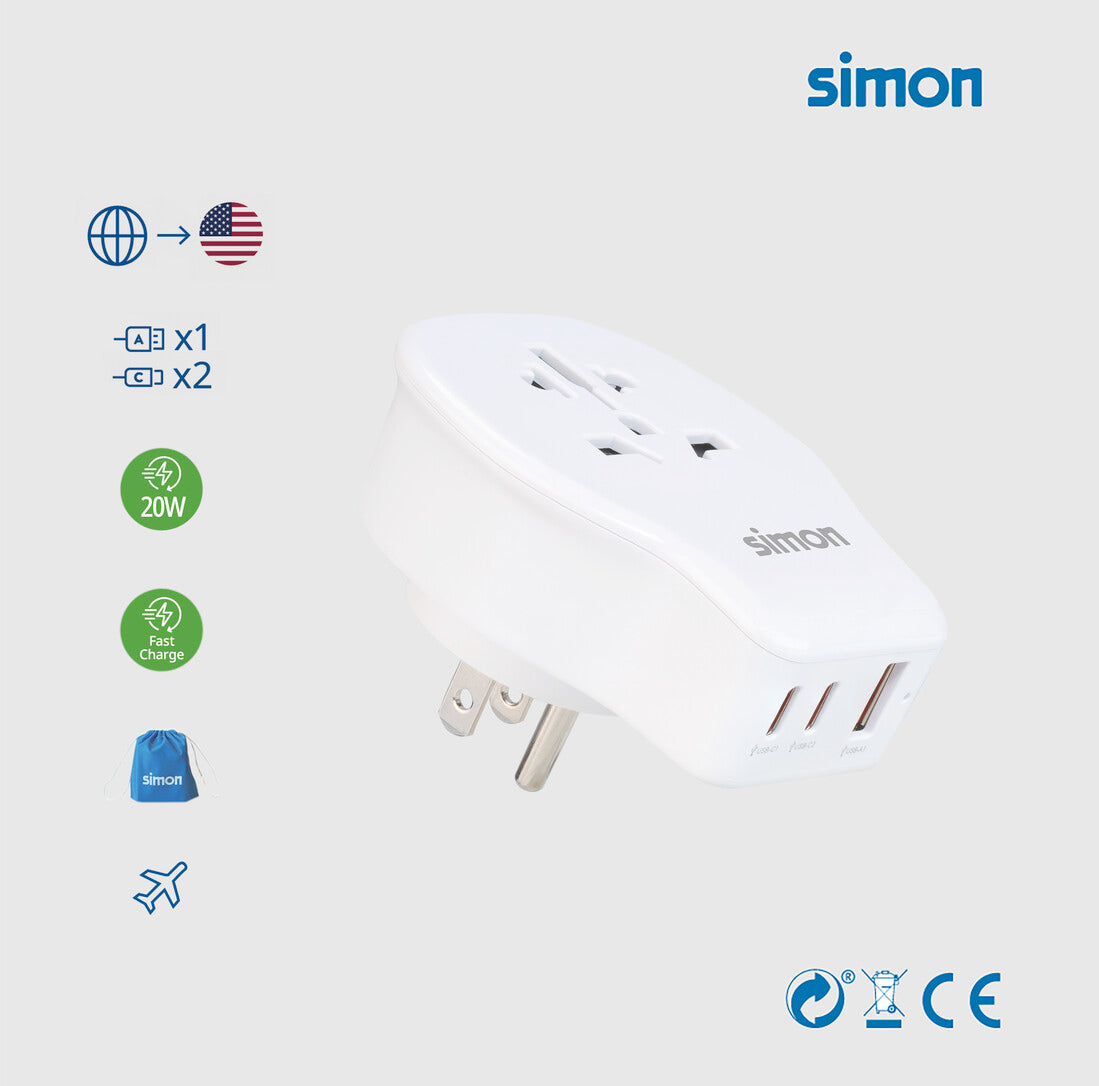 CL410104 ADAPTADOR UNIVERSAL DE VIAJE PARA US USB A+2 USB C 20W SIMON
