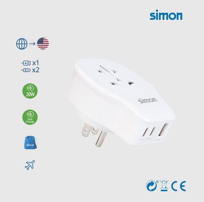 CL410104 ADAPTADOR UNIVERSAL DE VIAJE PARA US USB A+2 USB C 20W SIMON