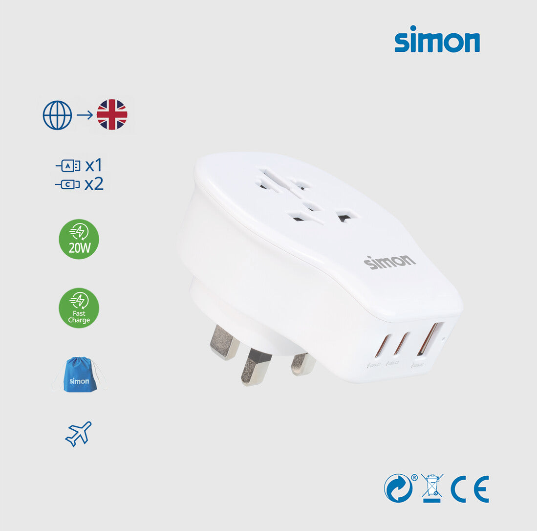 CL410106 ADAPTADOR UNIVERSAL DE VIAJE PARA REINO UNIDO USB A+2 USB C 20W SIMON