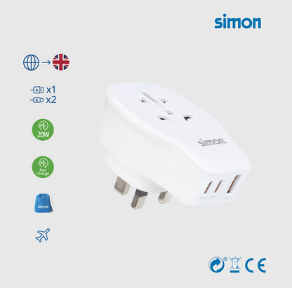 CL410106 ADAPTADOR UNIVERSAL DE VIAJE PARA REINO UNIDO USB A+2 USB C 20W SIMON