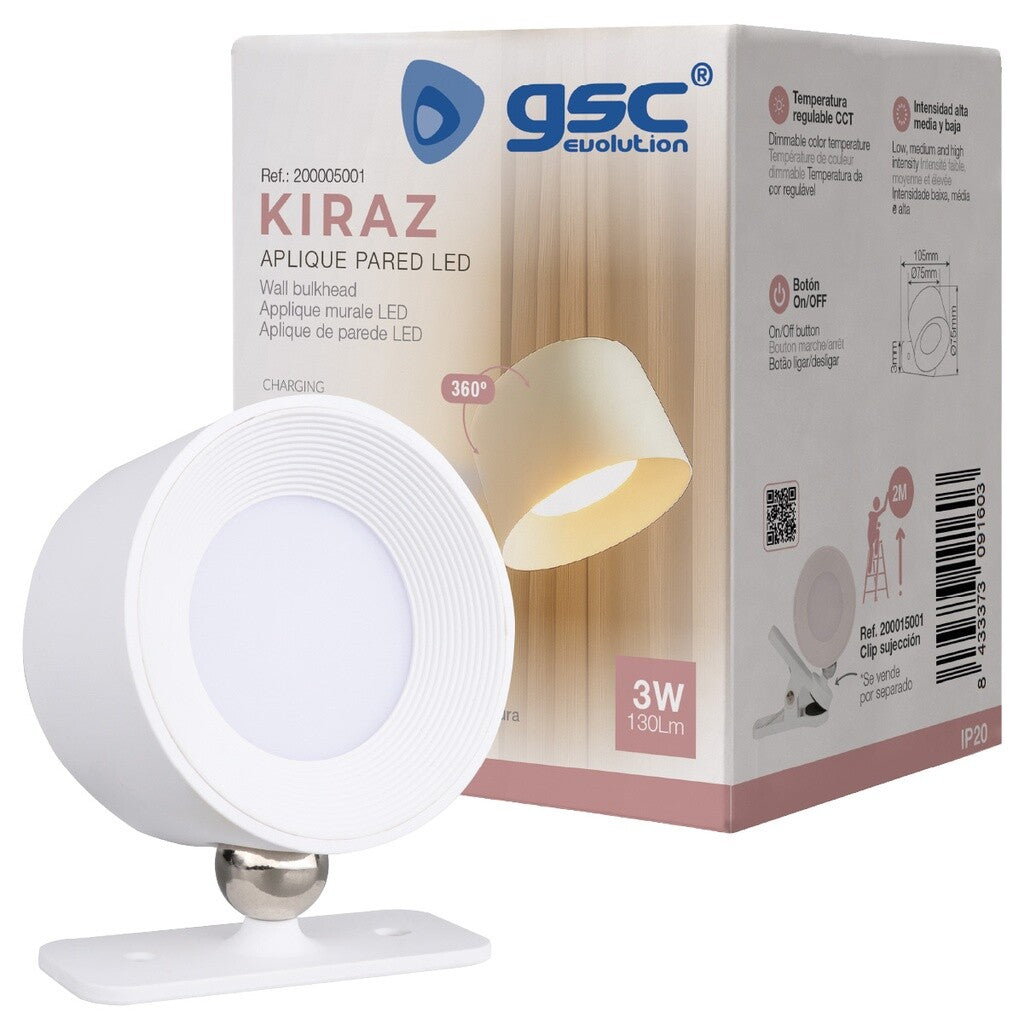 200005001 APLIQUE PARED LED RECARGABLE 3W BLANCO CCT KIRAZ GSC