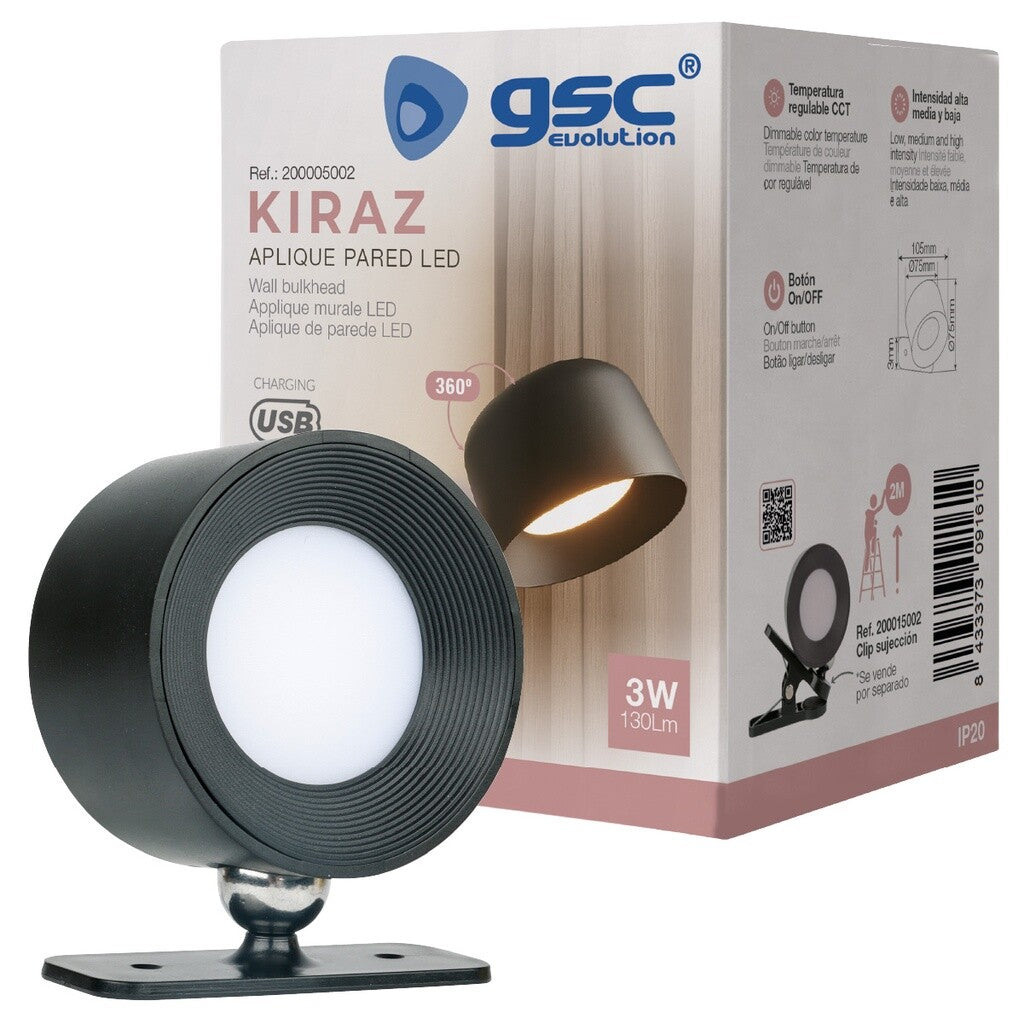 200005002 APLIQUE PARED LED RECARGABLE 3W NEGRO CCT KIRAZ GSC