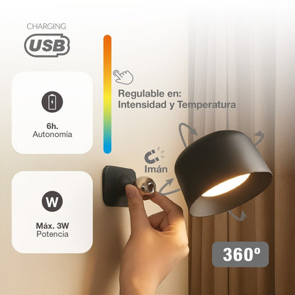 200005002 APLIQUE PARED LED RECARGABLE 3W NEGRO CCT KIRAZ GSC