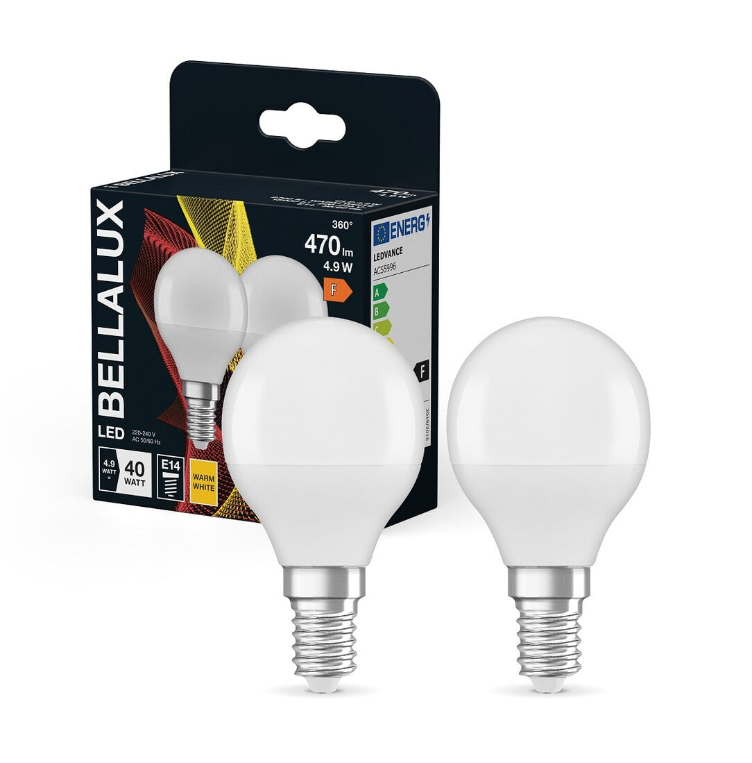 157064 2u LAMPARA ESFERICA LED E14 4,9W 2700K BELLALUX