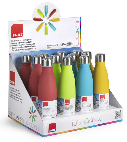 758405 AUFSTELLER 12St. DOPPELWANDIGE THERMOSFLASCHE 0,5L FARBIG