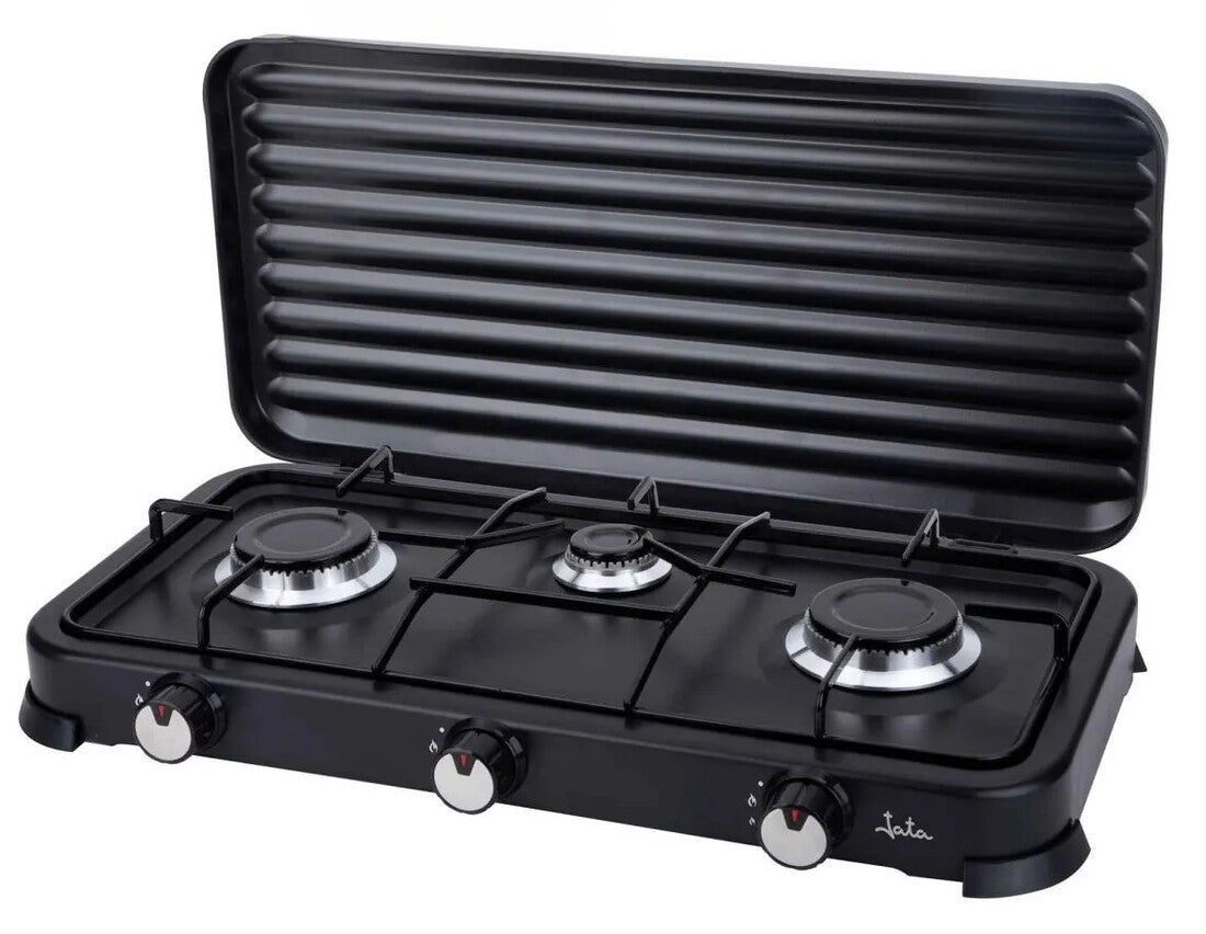 JECG2703 COCINA DE GAS NEGRA CON TAPA 3 FUEGOS JATA
