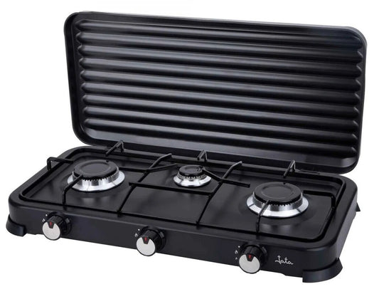 JECG2703 COCINA DE GAS NEGRA CON TAPA 3 FUEGOS JATA